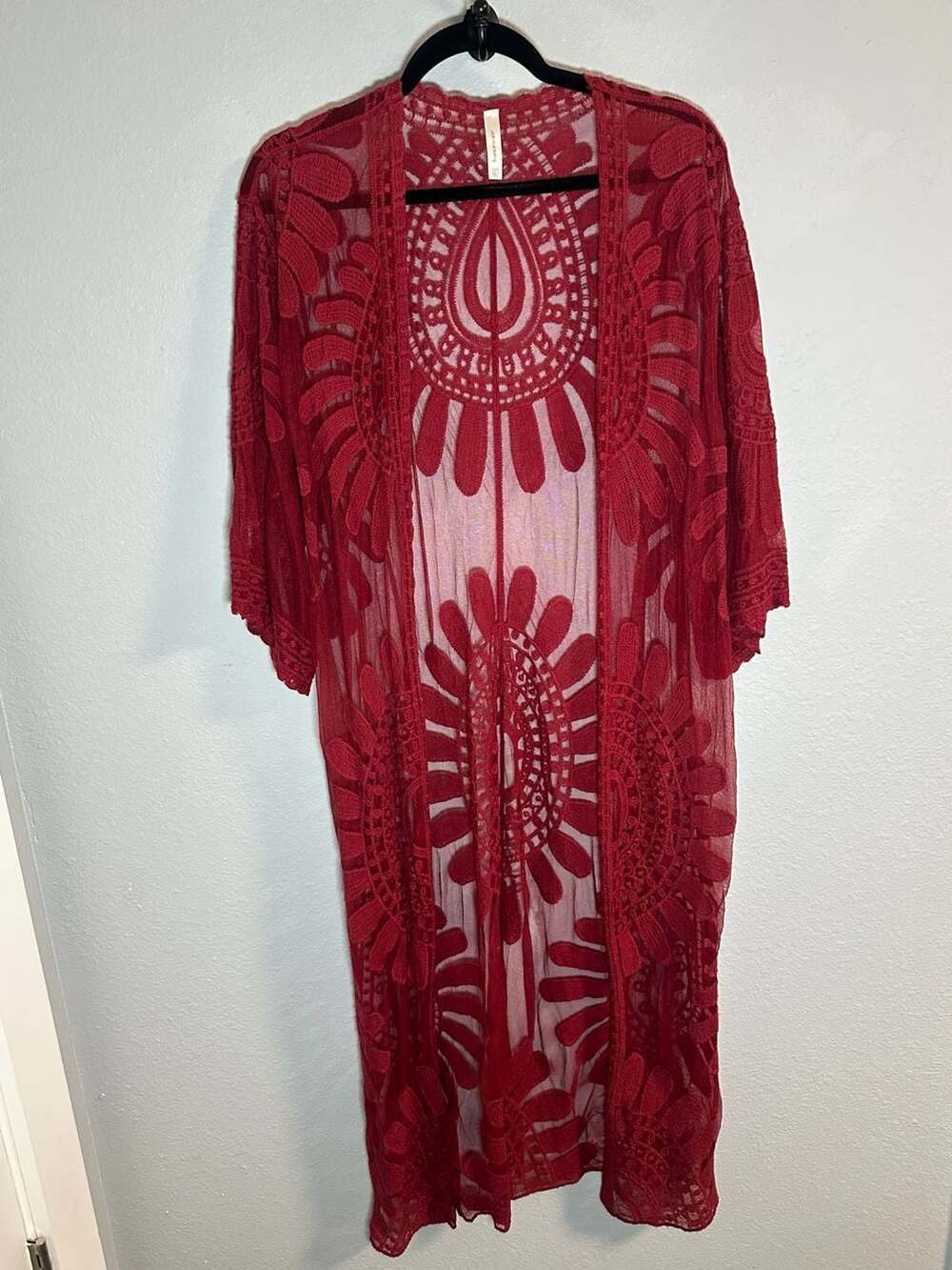 Francesca's Red Floral Crochet Lace Open Front Long Kimono Cardigan Cover Up O/S